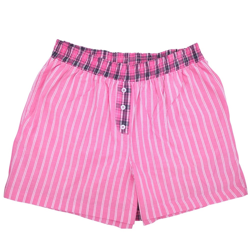 2 Cotton Sleep Shorts Womens (M) Pajama Boxer Pockets Pink Plaid & Pink Striped - Picture 3 of 9